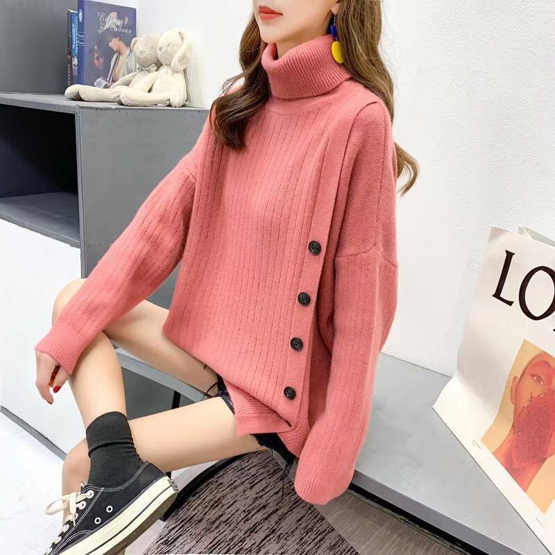 A new Korean style high-neck sweater for women in the autumn and winter of 2023, a loose and laid-back mid-length irregular knitted top pic 7