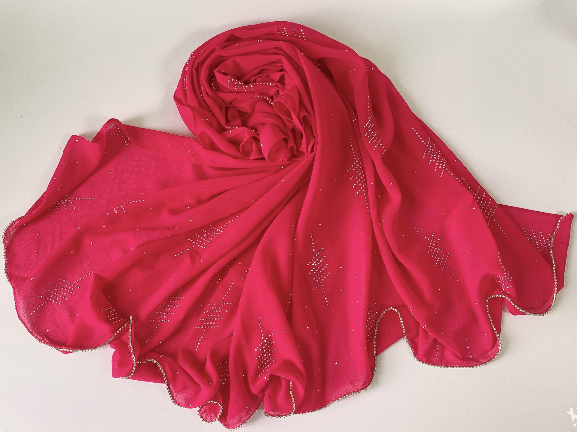 花边烫钻纯色雪纺盖头纱巾珍珠穆斯林女长巾新款详情2