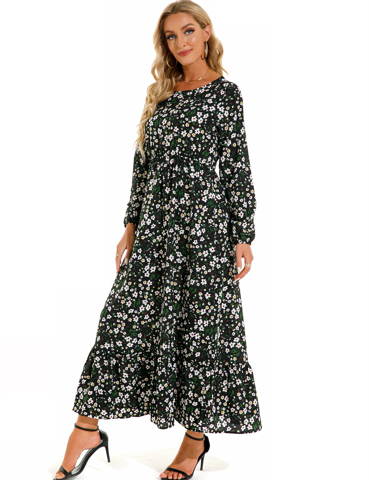 European and American floral long, round-neck, long-sleeved, waist-cinching and slimming dress pic 71