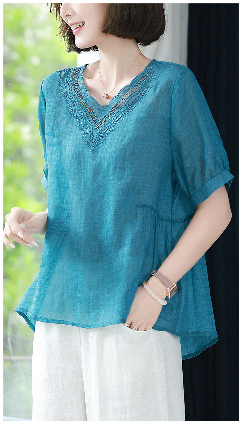 棉麻上衣女士短袖妈妈苎麻小衫夏季t恤2022新款休闲宽松亚麻衬衫详情10