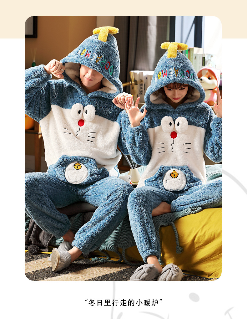 长毛绒冬季卡通情侣加厚加绒睡衣女帽子外穿法兰绒套装男士家居服详情137
