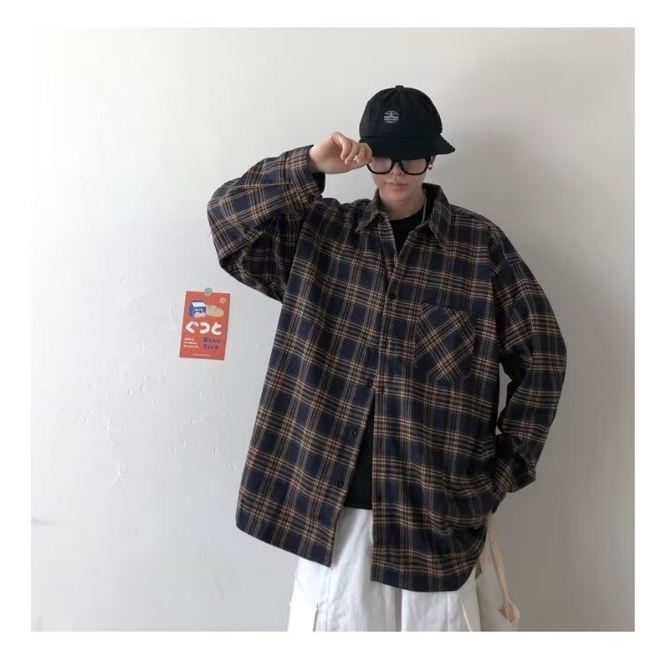 美式春秋季日系长袖格子衬衫男士韩版潮流ins网红休闲款衬衣外套详情4