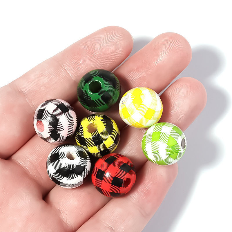 千鸟格木珠DIY挂饰装饰串珠彩色格子木珠配件条纹印花带孔木珠详情12