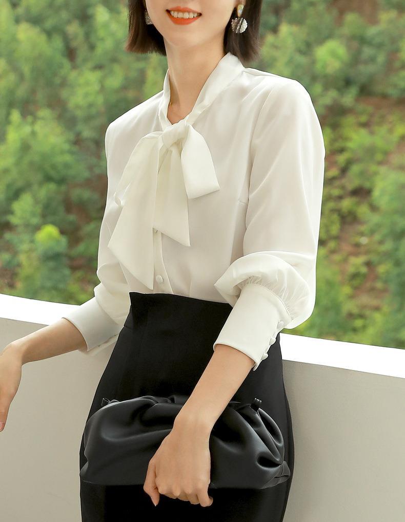 百薇秋季新品飘带女式衬衫潮流蝴蝶结女装通勤风纯色开衫系带上衣详情1