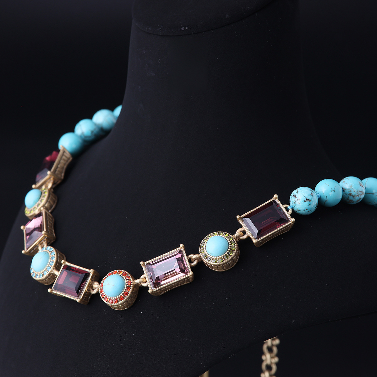 中古vintage高级感时尚小众设计青岛工厂批发莱茵石绿松石项链女详情5