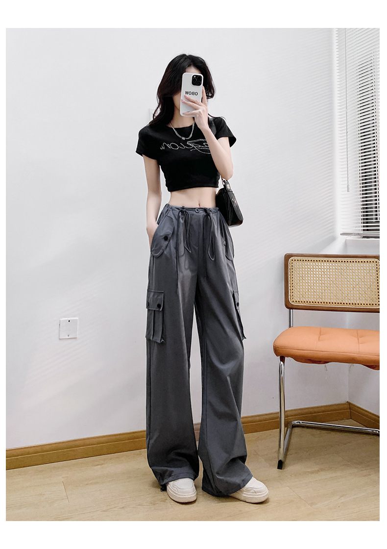 美式工装裤女夏季2024新款高腰休闲显瘦高级直筒卫裤小个子运动裤详情13
