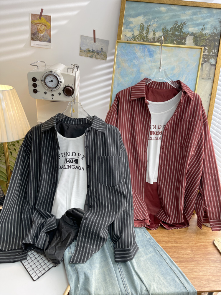 Dongdaemun, South Korea, early autumn new Korean-style vertical striped long-sleeved shirt for women, loose and casual, stylish shirt trend 4730 pic 6