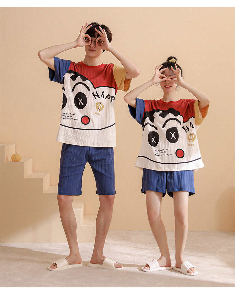 Novedades pareja manga corta pantalones cortos pijamas mujer verano slim algodón peinado hombre traje de hogar suelto casual cartoon pic 120