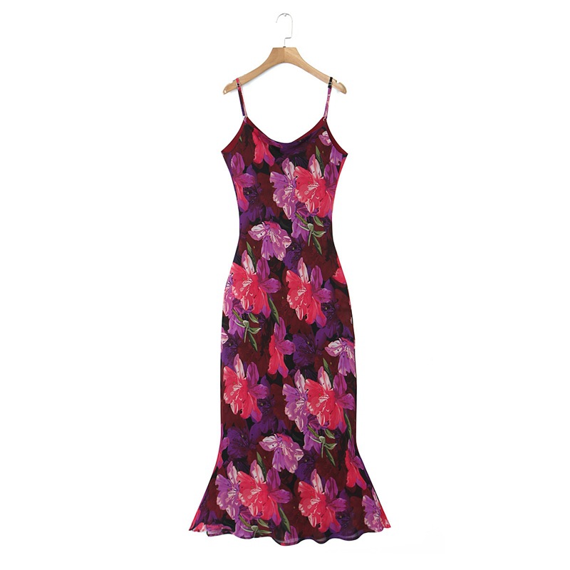 润其N8725法式收腰紫花鱼尾吊带裙批发 大码女装吊带连衣裙详情26