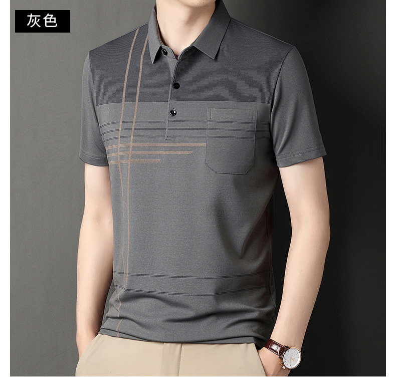 爸爸装夏季翻领冰丝短袖t恤男真口袋薄款条纹中老年男士polo衫详情41