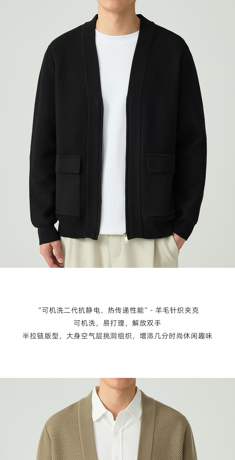 墨麦客简约纯色针织开衫男2024秋季新款V领拉链男士毛衣外套20506详情4