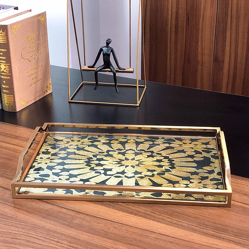 European-style light luxury metal tray, rectangular American retro home living room coffee table, water cup, tea tray, glass fruit plate pic 2