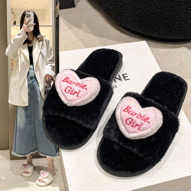 爱心配饰毛毛拖鞋女外穿2024秋冬新款甜美女生家居平底毛绒棉拖鞋详情1