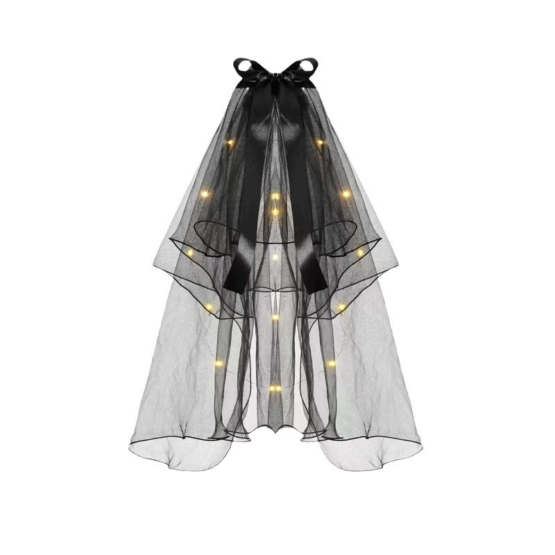 Retro Halloween black double-layer luminous bow veil photo headwear and veil pic 3