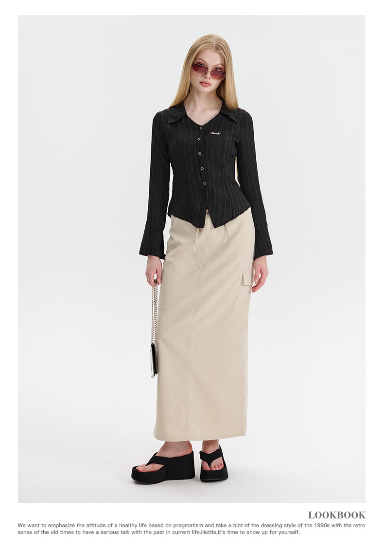 Nariele 洋气薄款开衫V领春秋短款衬衫女御姐风修身长袖韩系上衣详情10