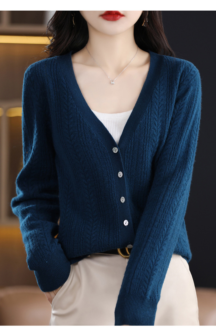 绒狼2023秋冬新款女士V领羊毛针织麻花开衫宽松长袖短款外套女详情23