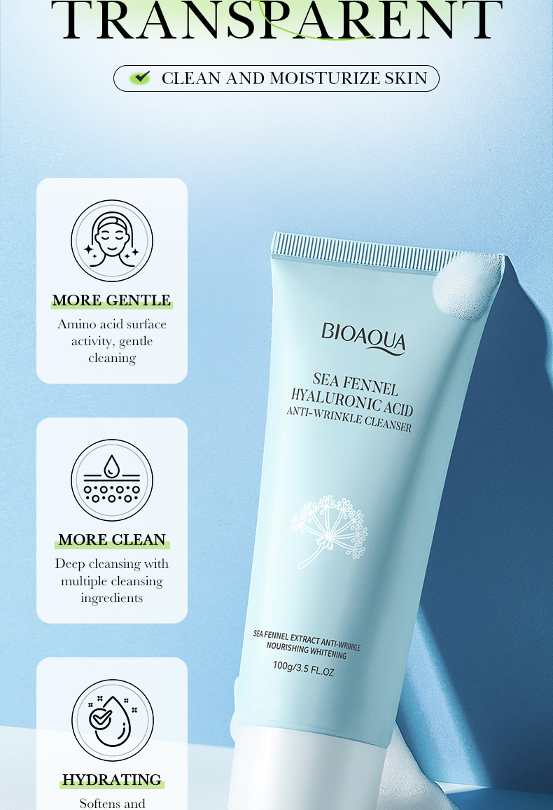 Cross-border foreign trade BIOAOUA Sea Fennel Hyaluronic Acid Anti-Wrinkle Facial Cleanser Hydrating and Moisturizing Gentle Oil-Control Facial Cleanser pic 4