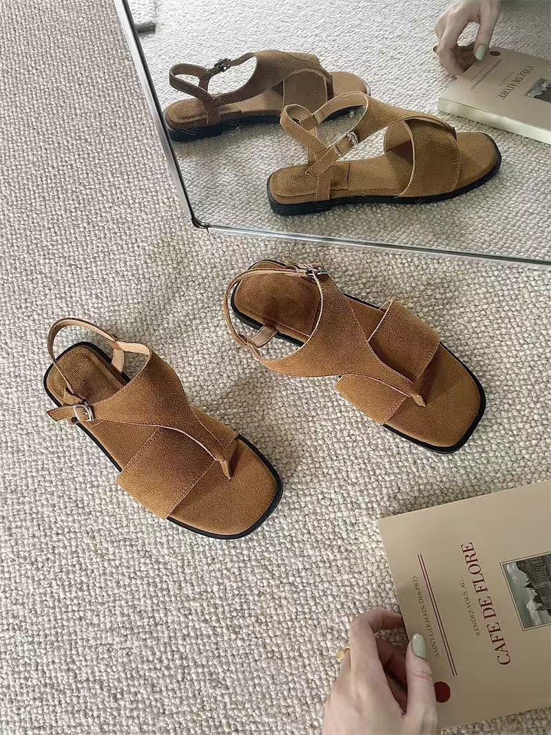 小众设计感真皮平底凉鞋女2024夏新款复古百搭扣带夹脚罗马沙滩鞋详情5