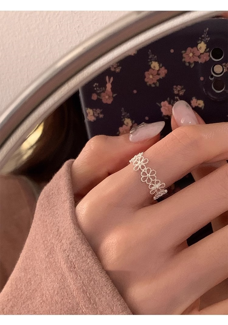 s925纯银镂空花朵戒指女ins小众设计仙气法式甜美蕾丝开口戒指环详情34