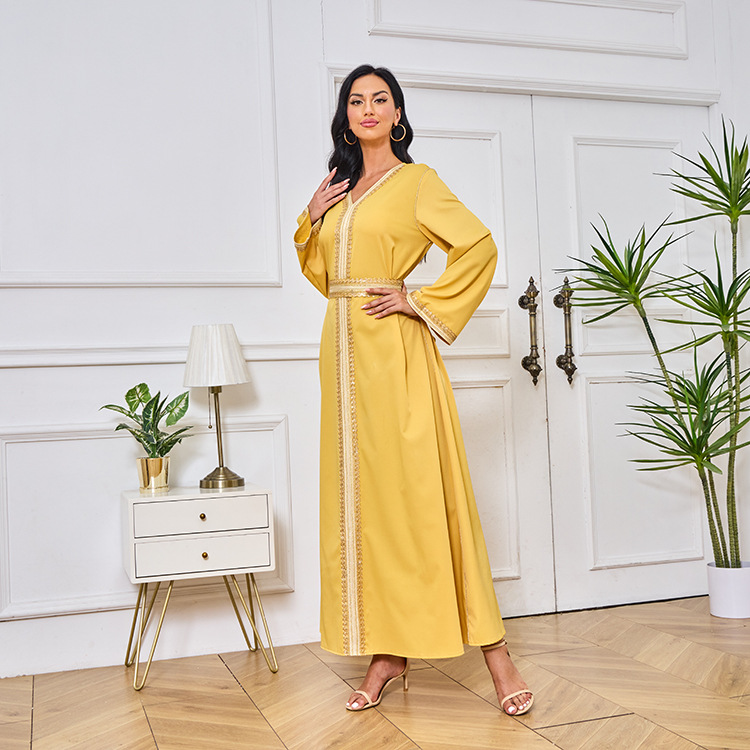 MT098中东外贸迪拜穆斯林长袍女装 刺绣金色珠片花边连衣裙 abaya详情28