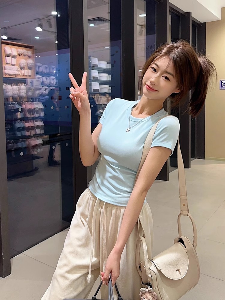 白色短袖打底衫内搭t恤女2024夏季新款显瘦修身辣妹短款正肩上衣详情11