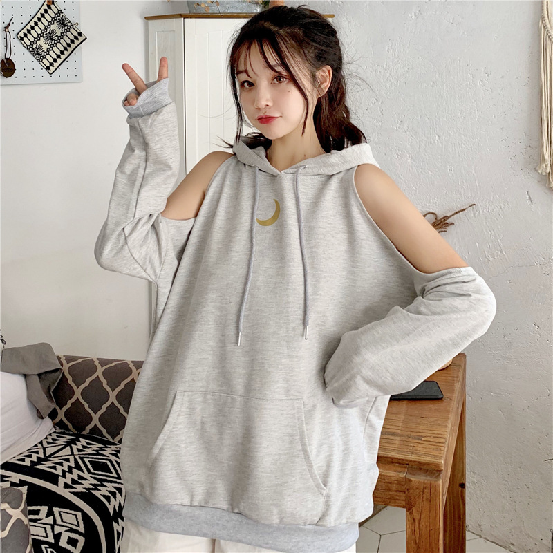 Autumn long off-the-shoulder vetiver hoodie for women, a new, laid-back and stylish loose hooded jacket pic 1