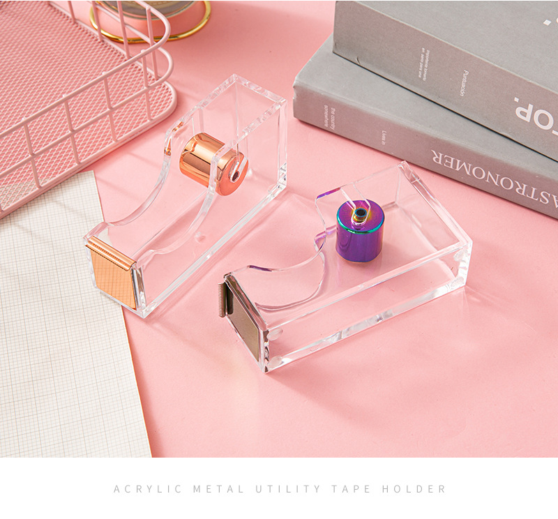 Acrylic rose gold tape base, transparent electroplated metal tape cutter i, medium-sized desktop hand-tear divider pic 15