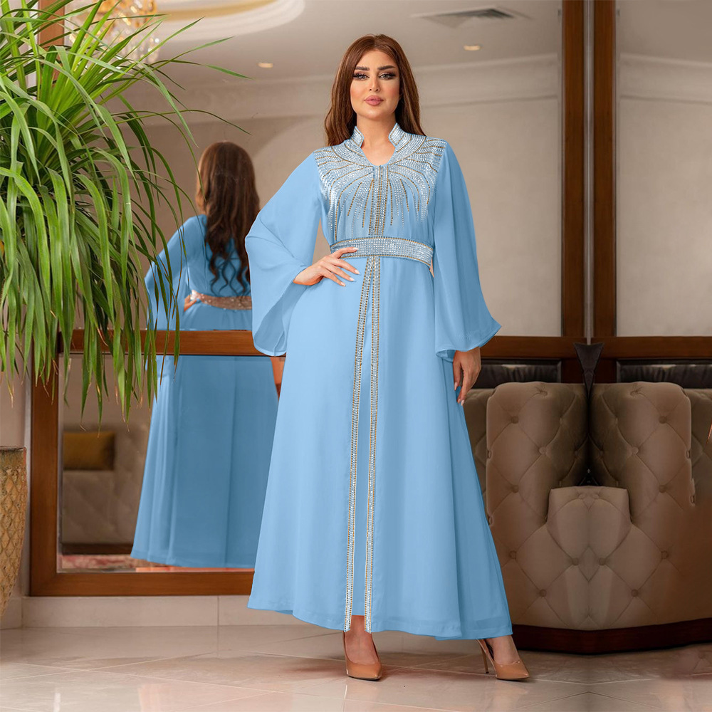 XQY500090 Foreign trade Arab robe, Middle East kaftan fashion Hot diamond belted chiffon dress pic 23