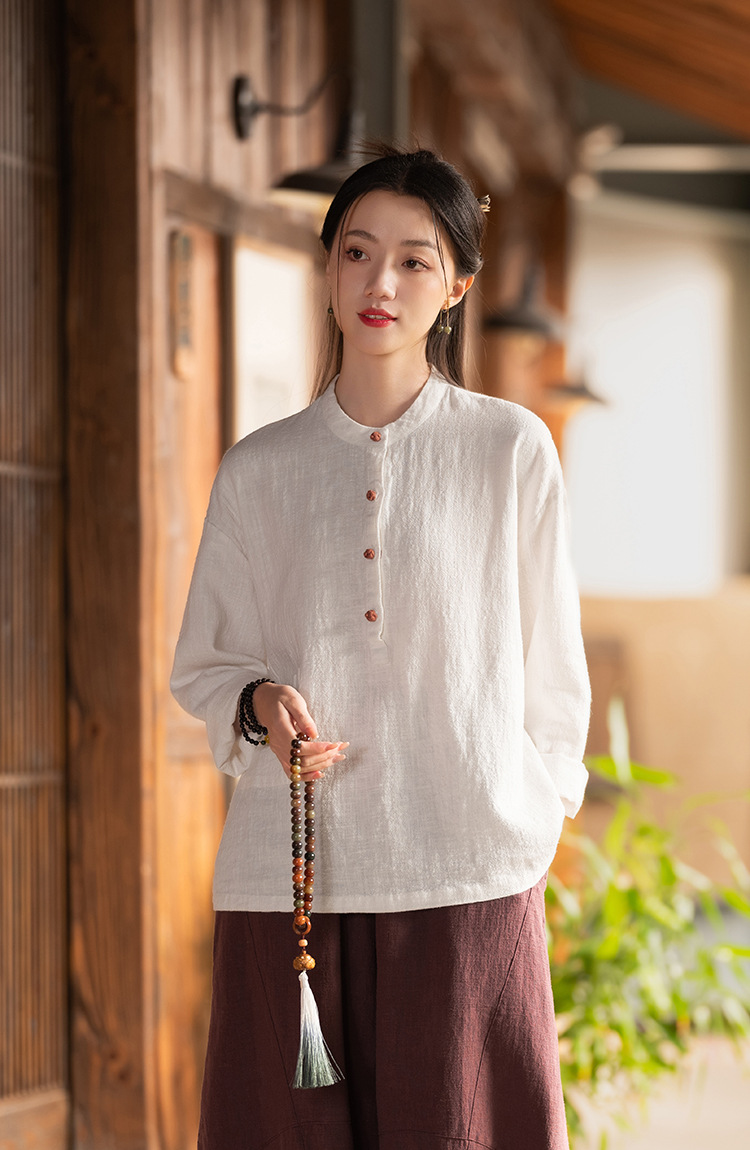 2024春夏棉麻女装新品亚麻立领拼色盘扣套头大码上衣女式棉麻衬衫详情32