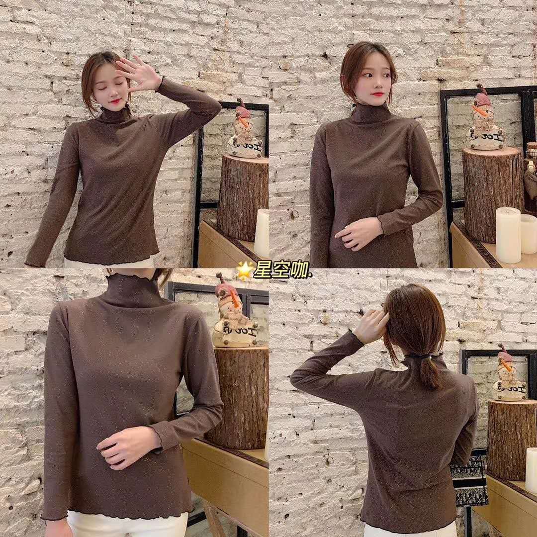 The 2022 autumn and winter new style base shirt for women is a semi-high-neck long-sleeved solid color with black fungus edges, paired with a fitted and warm German velvet top pic 33