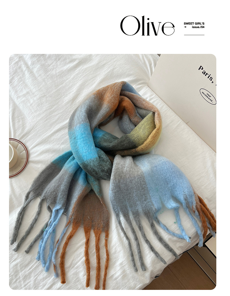 2024新款仙女粉渐变韩系流苏马海毛围巾女冬季保暖围脖仿羊绒围巾详情18