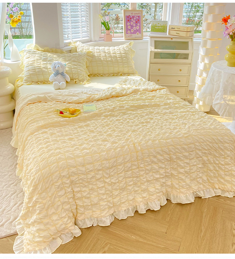 Simple style bubble gauze summer quilt four-piece set, high-end solid color washed cotton bed sheet, bed skirt, quilt cover, dormitory three-piece set pic 15