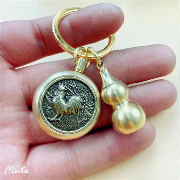 Pure copper retro 12 Chinese zodiac money transfer keychain, handcrafted brass cinnabar handle, car key chain pendant pic 13