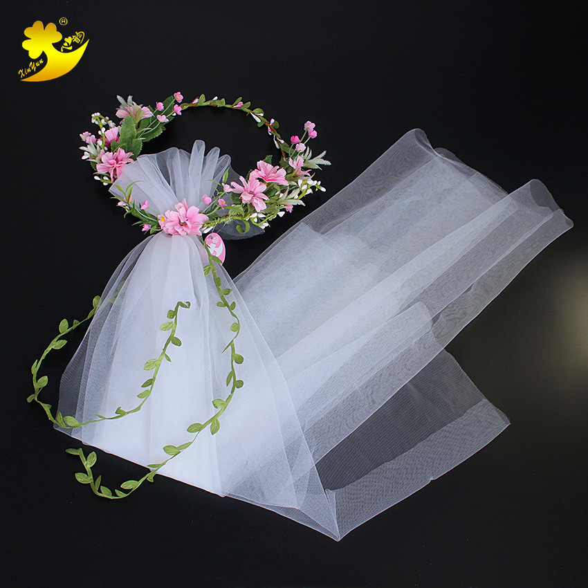 New bride veils from Japan and South Korea, seaside vacation photography, light pink veils, handcrafted simple double-layer forest-themed hair accessories wholesale pic 8