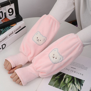 Cute warm hand sleeves for women, long work anti-dirt sleeves, student sleeves, winter two-in-one plush gloves sleeves pic 4