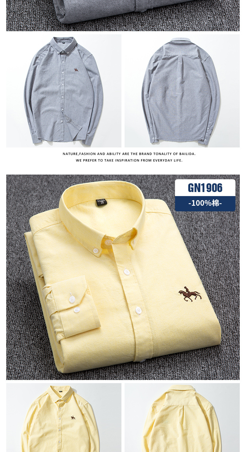 跨境外贸格子休闲棉男衬衣修身马标打底寸衫牛津纺长袖条纹衬衫男详情17