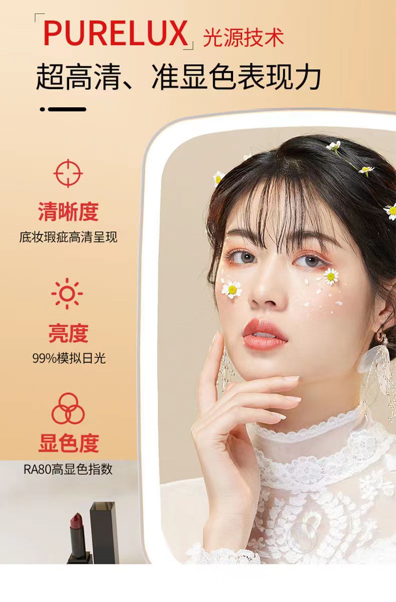 led化妆镜子学生宿舍带灯台式桌面补光小镜子梳妆镜随身灯光折够详情5