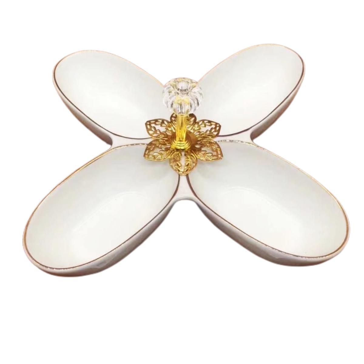 A pure white petal-shaped fruit platter with electroplated gold and multiple compartments, a hand-held restaurant banquet food platter pic 3