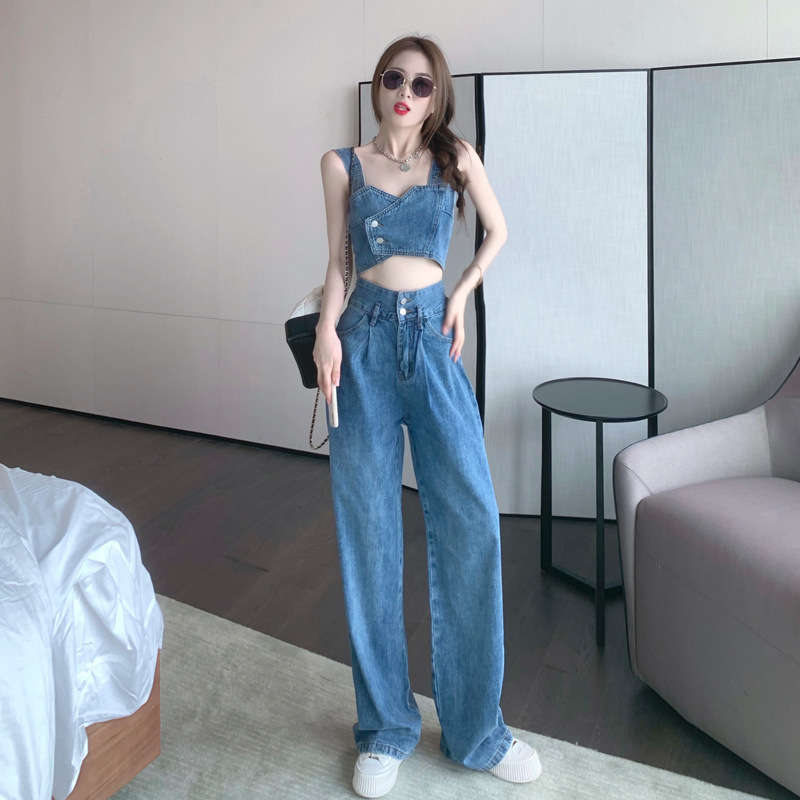 炸街牛仔套装潮女夏季新款短款背心+高腰宽松阔腿拖地女式牛仔裤详情14