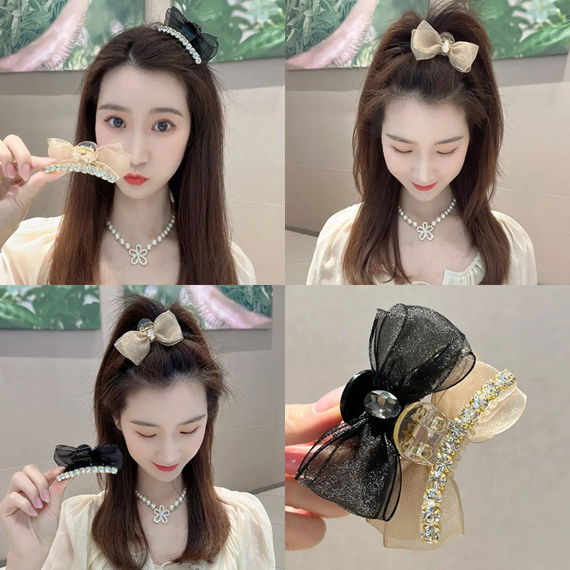 2023 Summer New AB double-sided diamond bow clip high ponytail mesh shark clip back head hair accessory pic 9