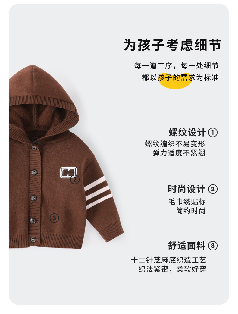 冬季男童一体绒连帽开衫新款男孩韩版加绒加厚毛衣A类棉防风外套详情5