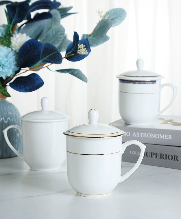 Hotel and guesthouse mugs, office and guest room ceramic pure white tea cups with LIDS, drinking cups printed with logos pic 1