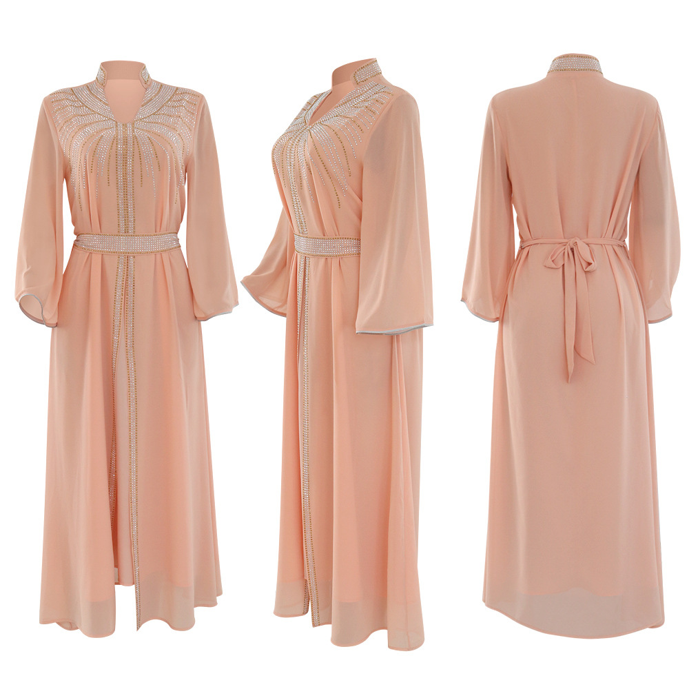 XQY500090 Foreign trade Arab robe, Middle East kaftan fashion Hot diamond belted chiffon dress pic 60