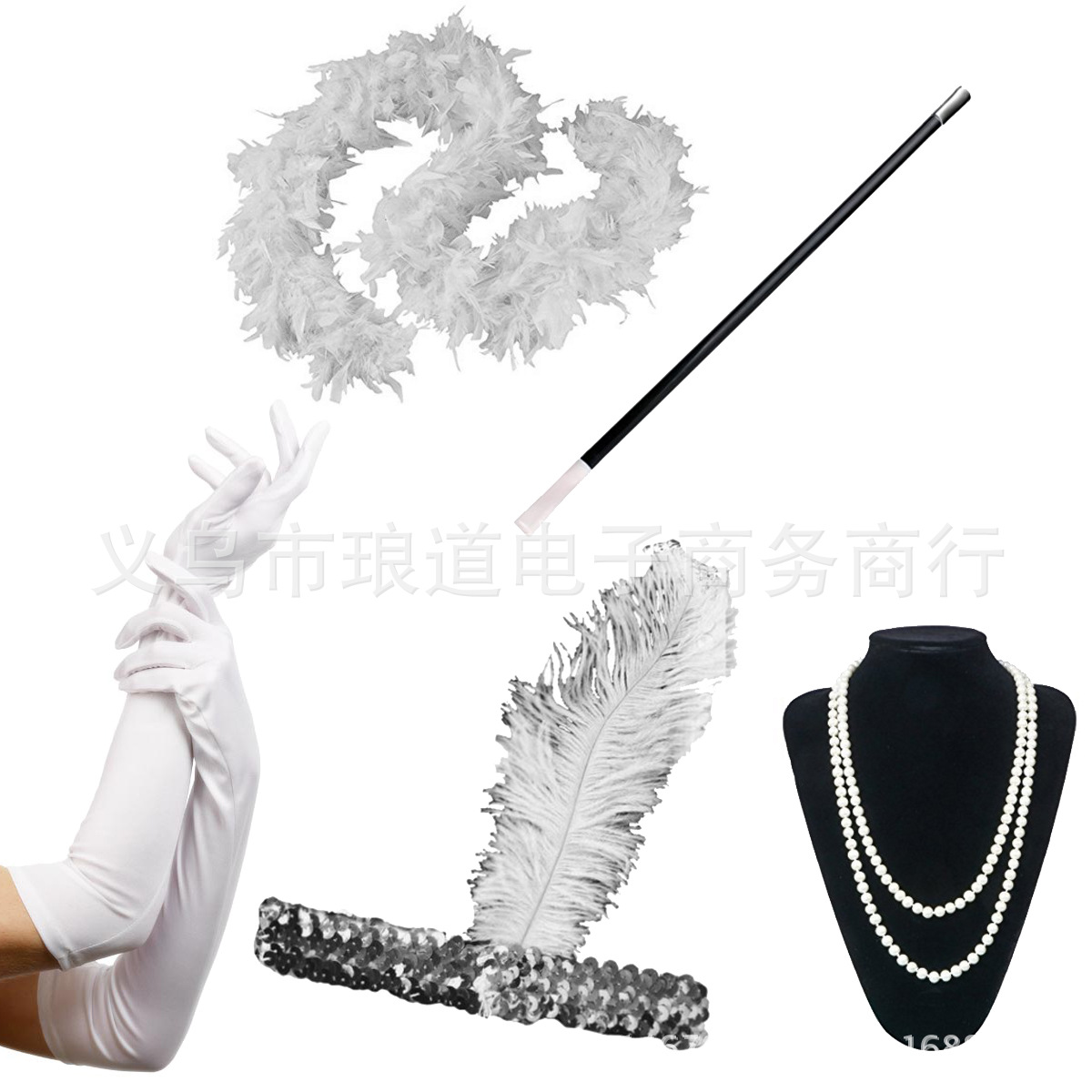Gatsby Party Feather alloy headband, pearl necklace, cigarette stick glove set, retro Hepburn outfit accessories pic 37