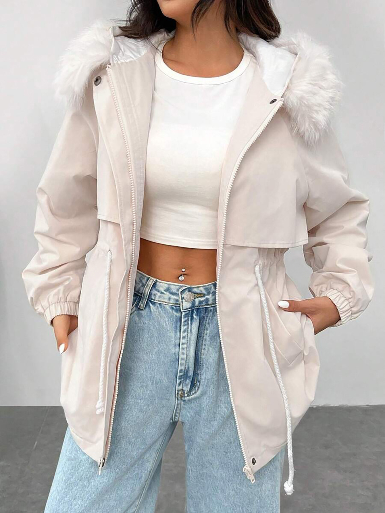 Europa y los Estados Unidos cross border mujeres otoño invierno parka, manga larga color sólido grip up capucha chaqueta abrigo, bolsillo con cremallera pic 7