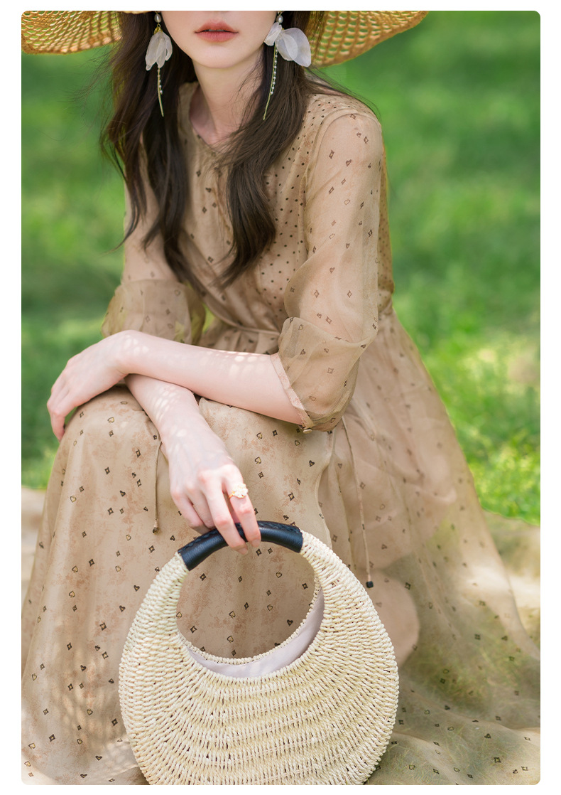 荣太设计师定染黑桃印花真丝连衣裙女拼接欧根纱桑蚕丝裙子系带详情27