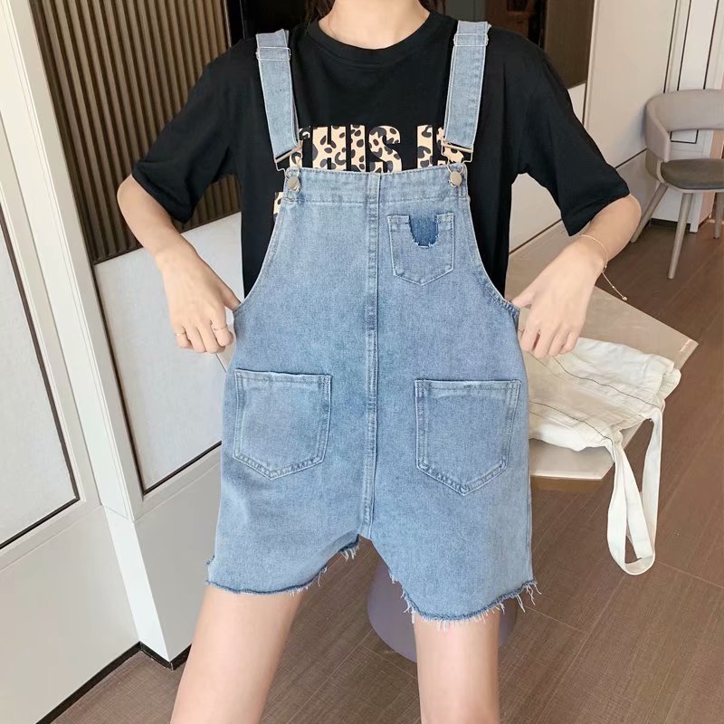 Summer internet-famous ripped denim overalls for women, high-waisted, loose, plus-size, youthful and petite student suspenders pic 5