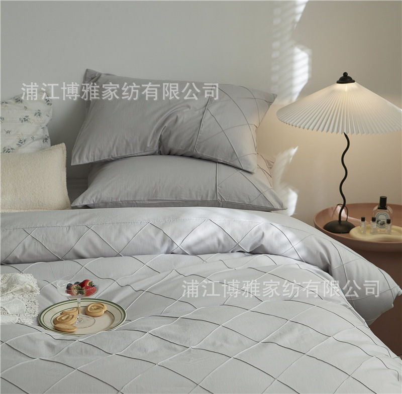 Wholesale of high-quality three or four-piece sets of washed cotton 40-count hand-knitted rhombus-shaped checkered plain pure cotton bedding pic 60