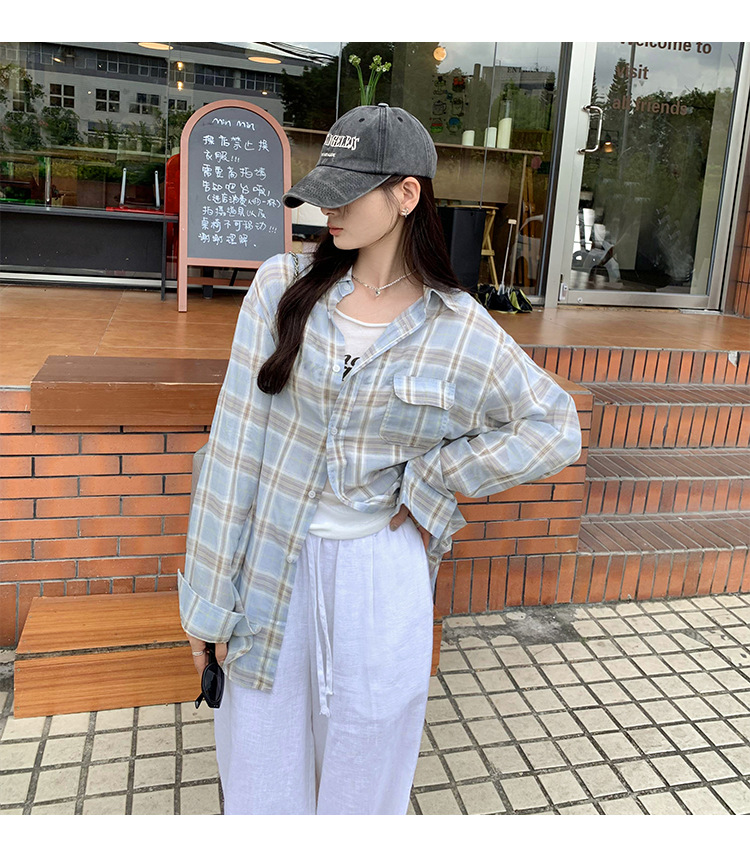 法式设计感小衫蓝色格子防晒衬衫女2024秋季新款女装小清新bm上衣详情23