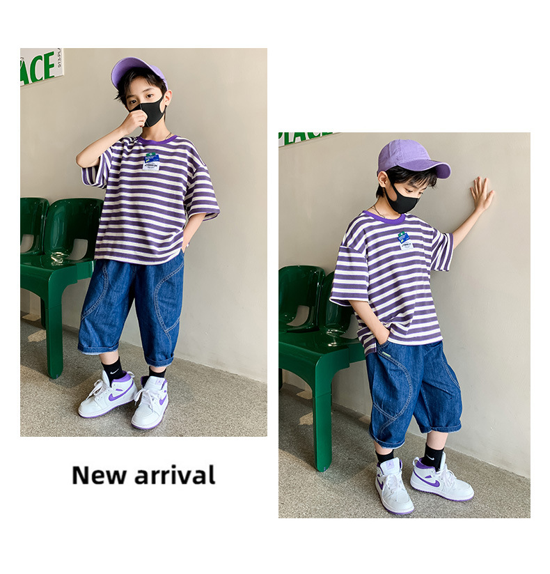 The 2022 new summer collection for Big kids, a striped short-sleeved two-piece set, is cool, fashionable and trendy pic 1